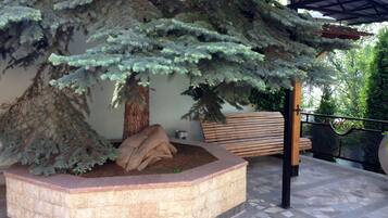A large coniferous tree in a landscaped planter with a stone border, a wooden bench, and a metal fence.