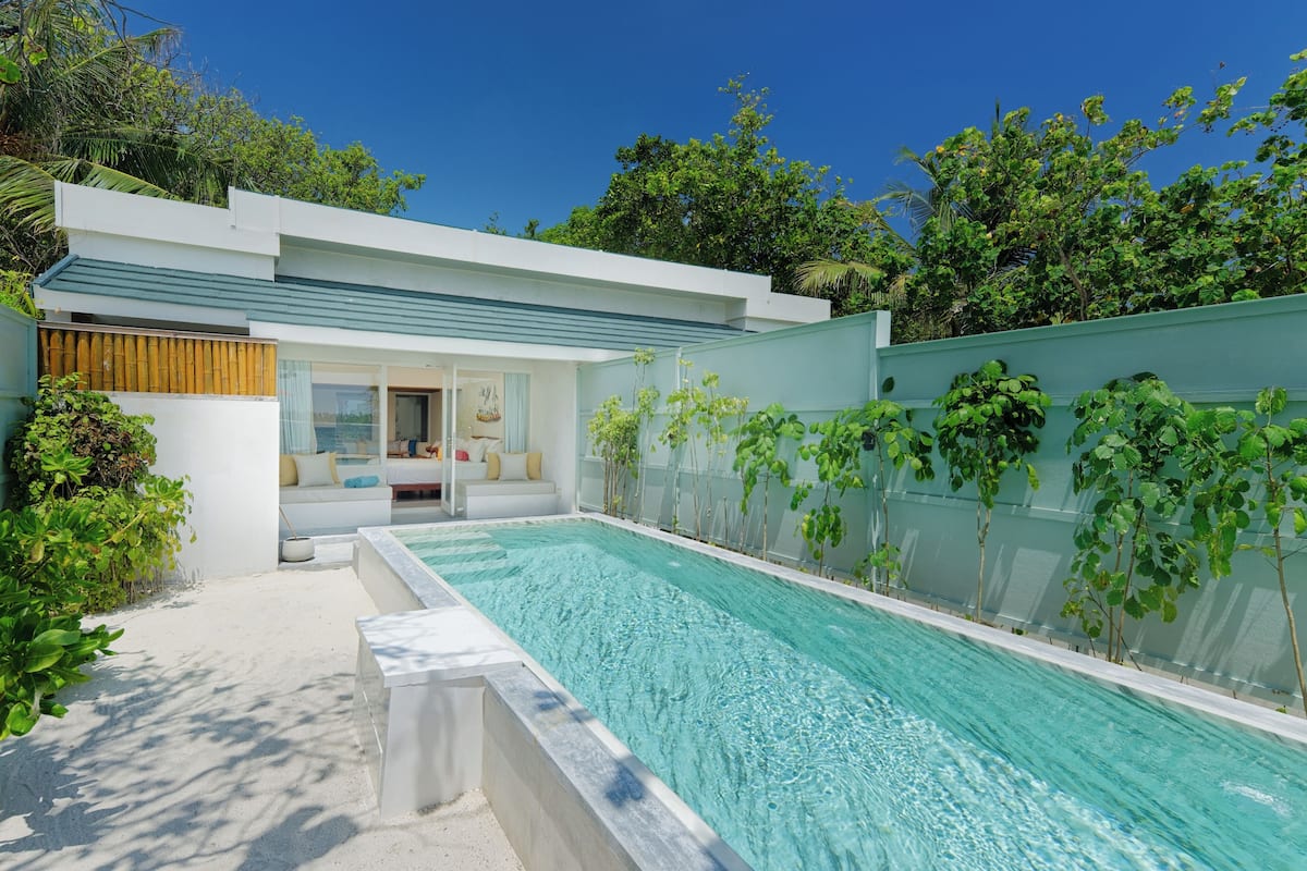 Une maison moderne dotée d’une piscine, d’un espace salon extérieur abrité et d’une végétation luxuriante.
