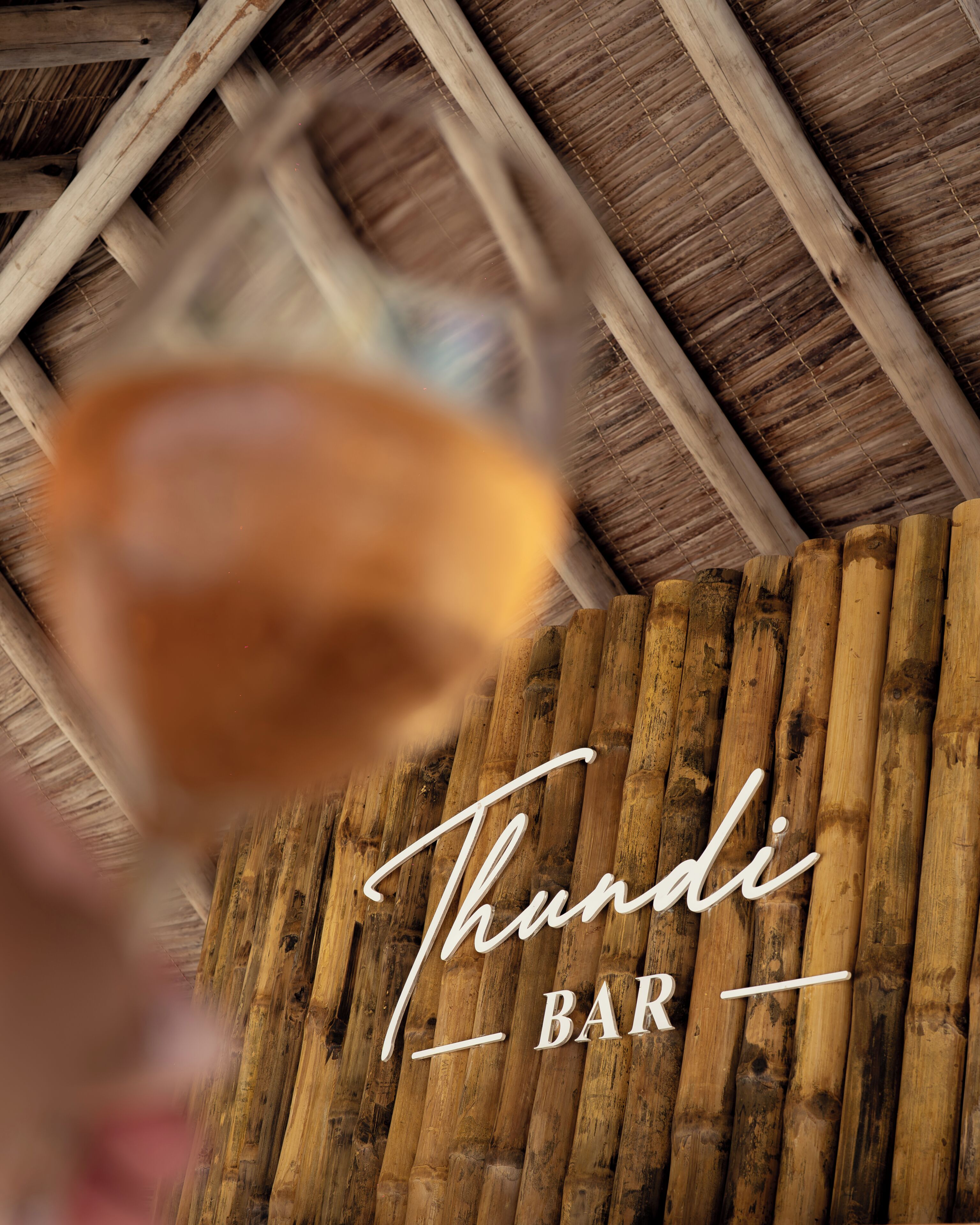 Ein Holzinnenraum mit einem Schild, auf dem 'Thundi BAR' steht.