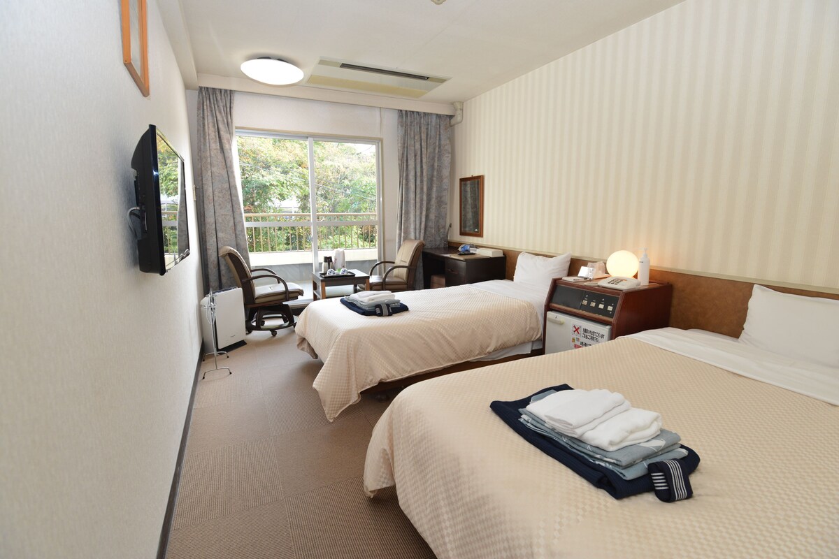 Hotelkamer met twee bedden, een bureau, een stoel, een televisie en een raam met gordijnen.