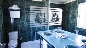 Une salle de bain moderne équipée de toilettes, d’un bidet et d’un grand lavabo avec un miroir.