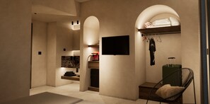 A modern bathroom with a marble countertop, a sink, a mirror, and a towel rack. - Ano Kampos (Rhodes)