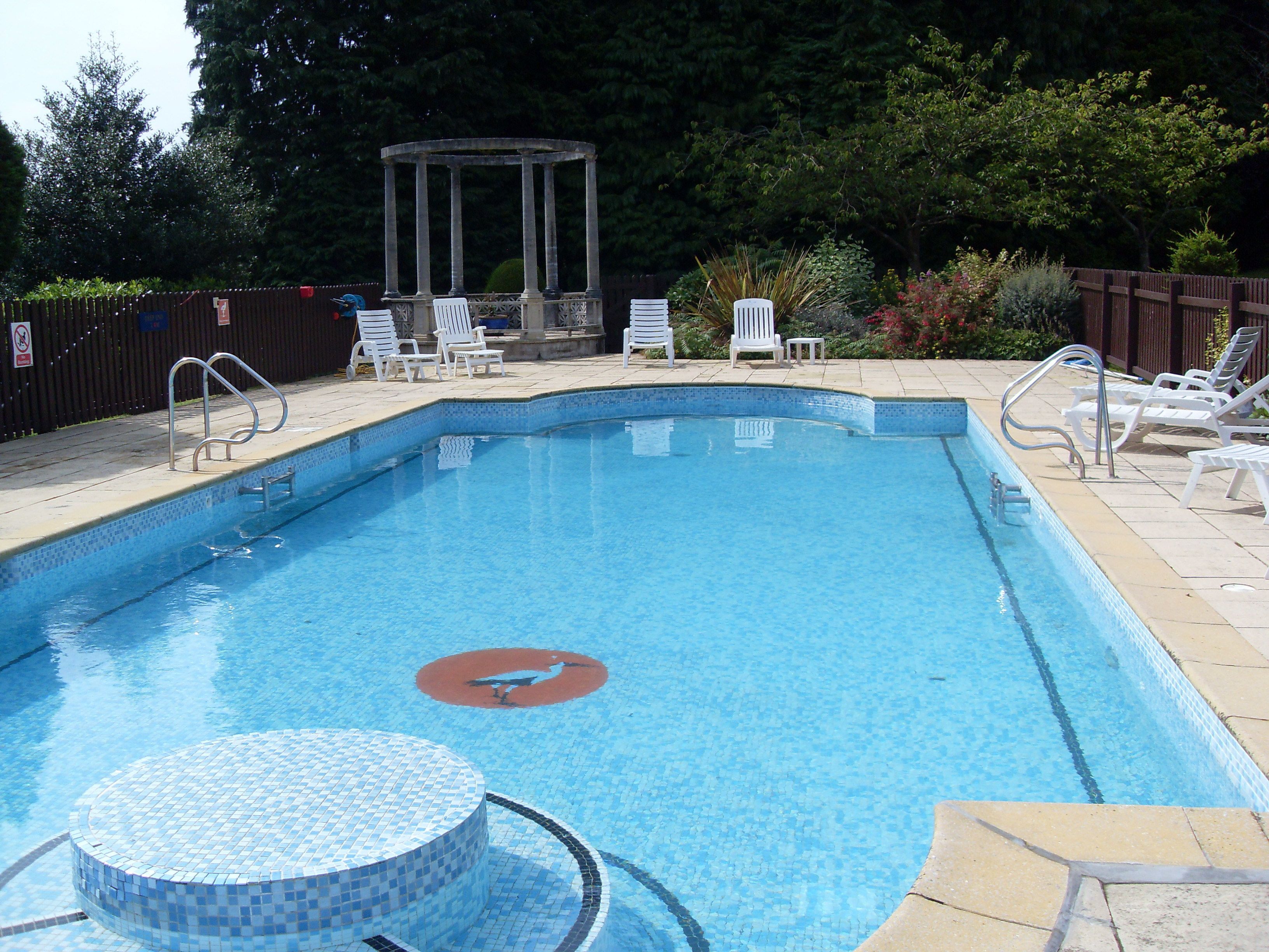 A rectangular swimming pool with a tiled edge and a circular mosaic pattern in the center.