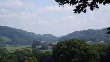 A rural landscape with rolling hills, scattered houses, and dense forests.