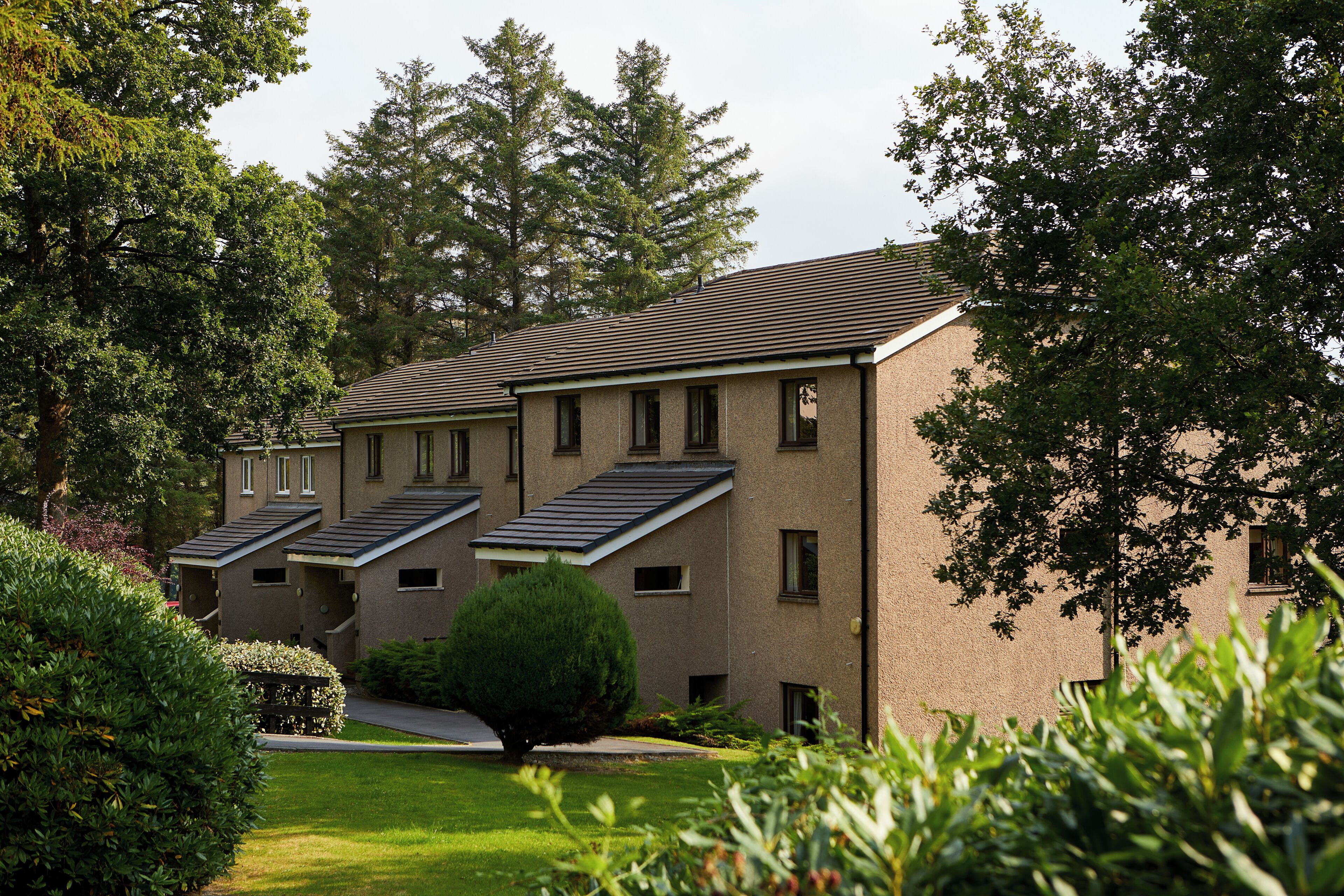 A modern building with a flat roof, multiple windows, and a well-maintained lawn.