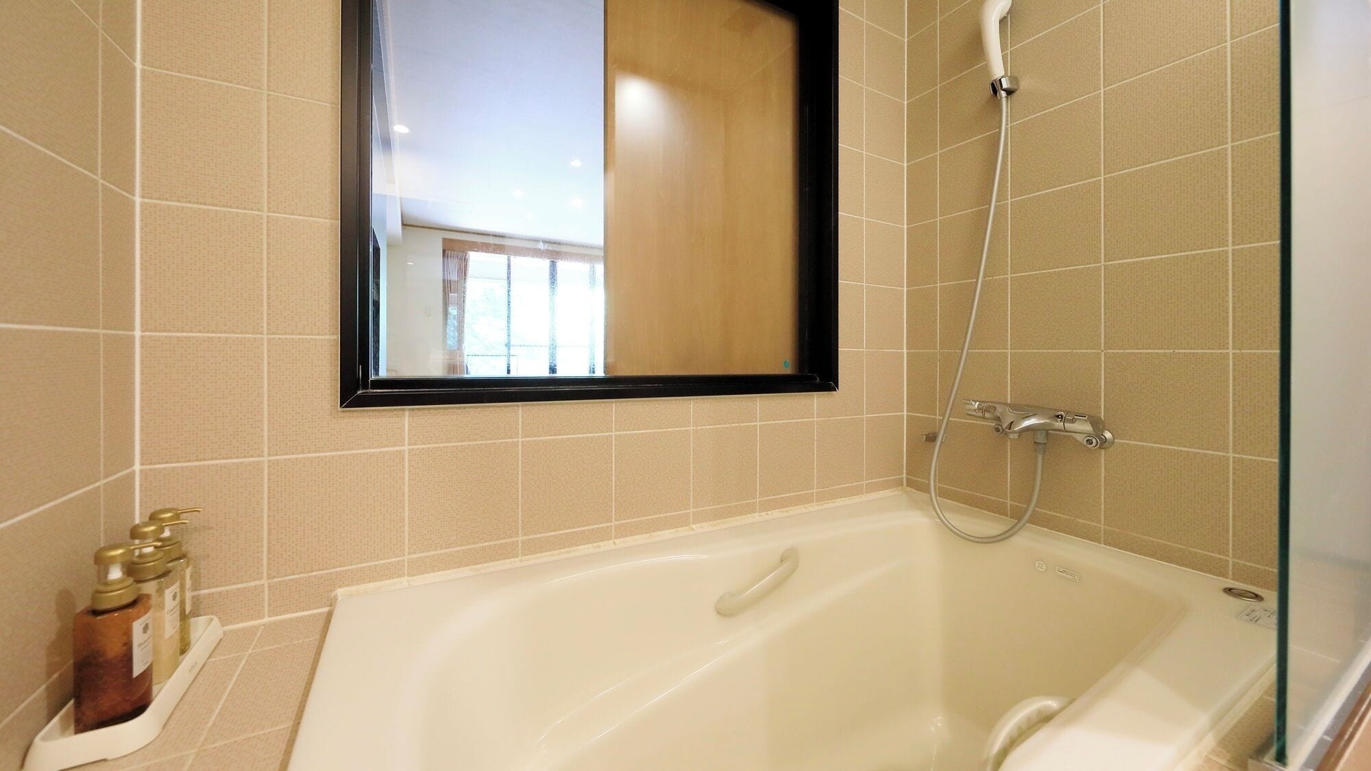 Une salle de bain avec une baignoire, une douche et un miroir.