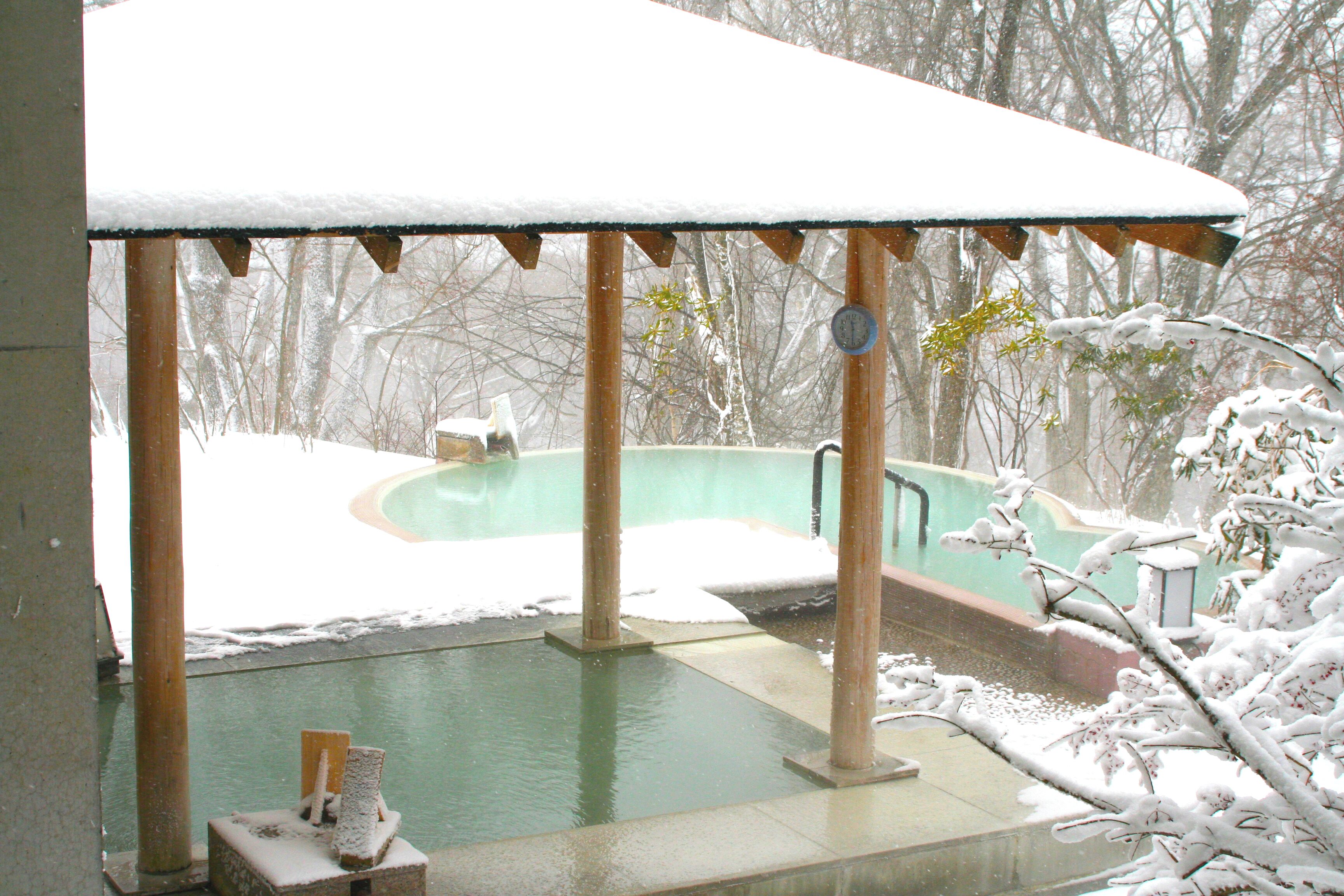A snow-covered outdoor swimming pool area with a covered deck and a view of trees in the background.
