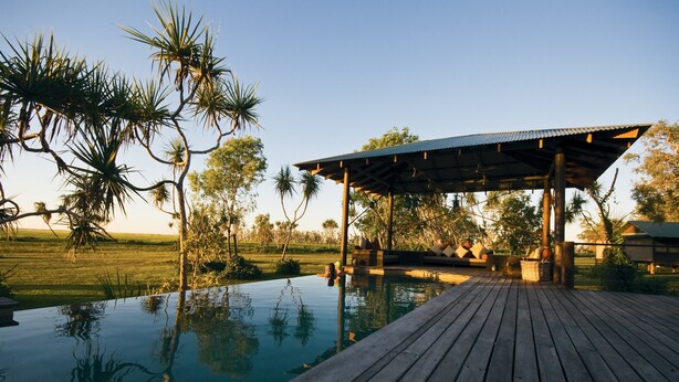 A wooden deck leading to a pool with a covered seating area, surrounded by palm trees and a grassy field.
