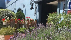 Un edificio con fachada azul, valla de madera y macetas con flores.