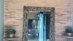 Una pared de ladrillo con un espejo enmarcado, dos pequeñas mesas con macetas y un acceso a otra habitación.