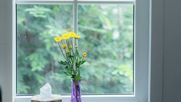 Una ventana con una caja de pañuelos y un florero con flores en el alféizar.