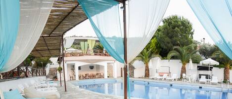 A swimming pool with a hot tub, lounge chairs, and a covered area with a view of the landscape.
