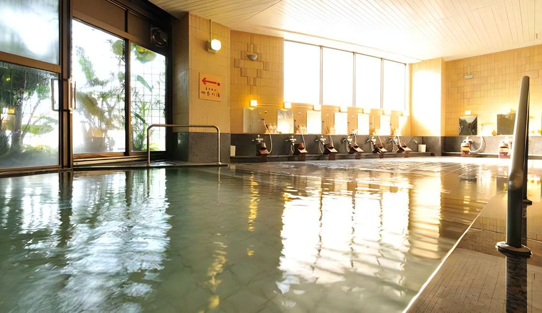 A swimming pool with multiple lanes, a changing room area, and a large window with a view of palm trees.