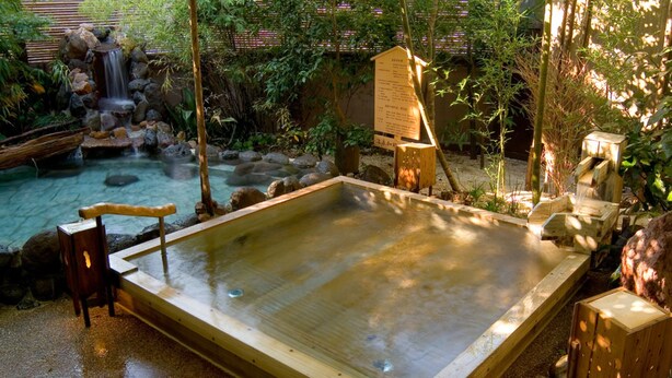 Una tradizionale onsen giapponese con vasca in legno, una piccola cascata e vegetazione circostante.