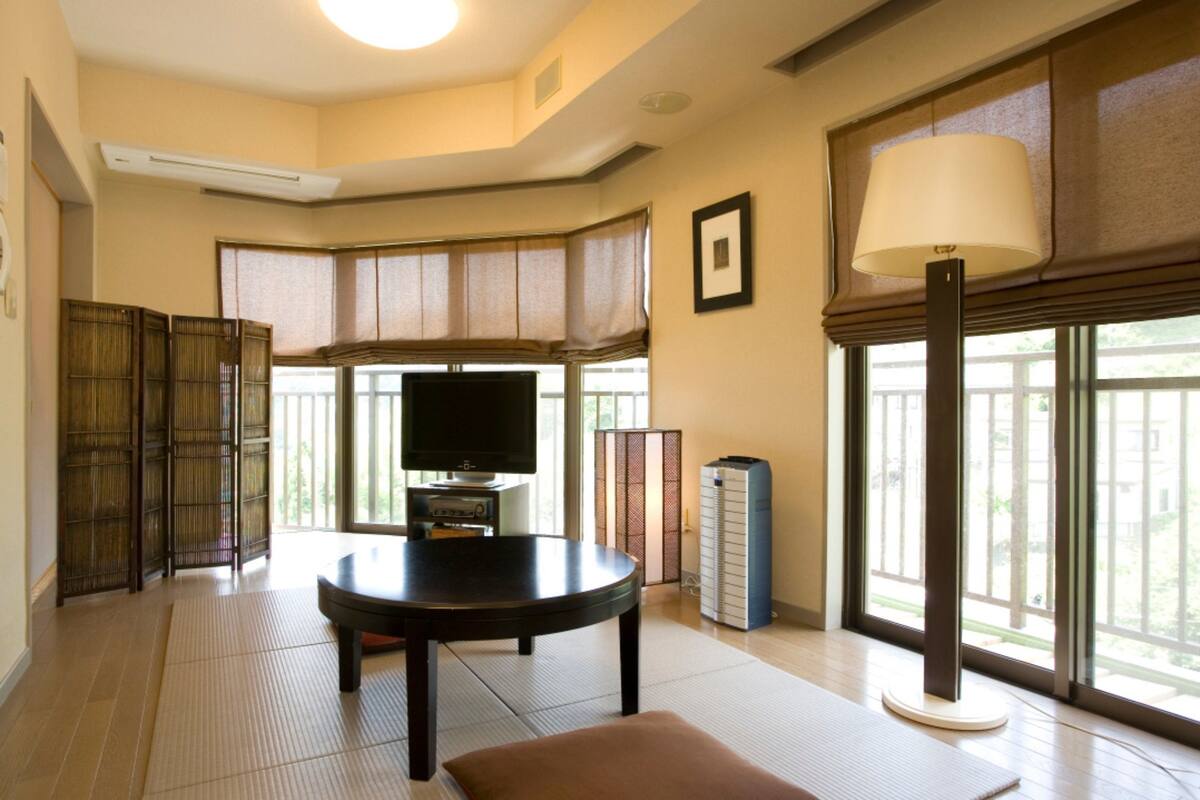 A room with tatami flooring, a television, a standing heater, and large windows with blinds.
