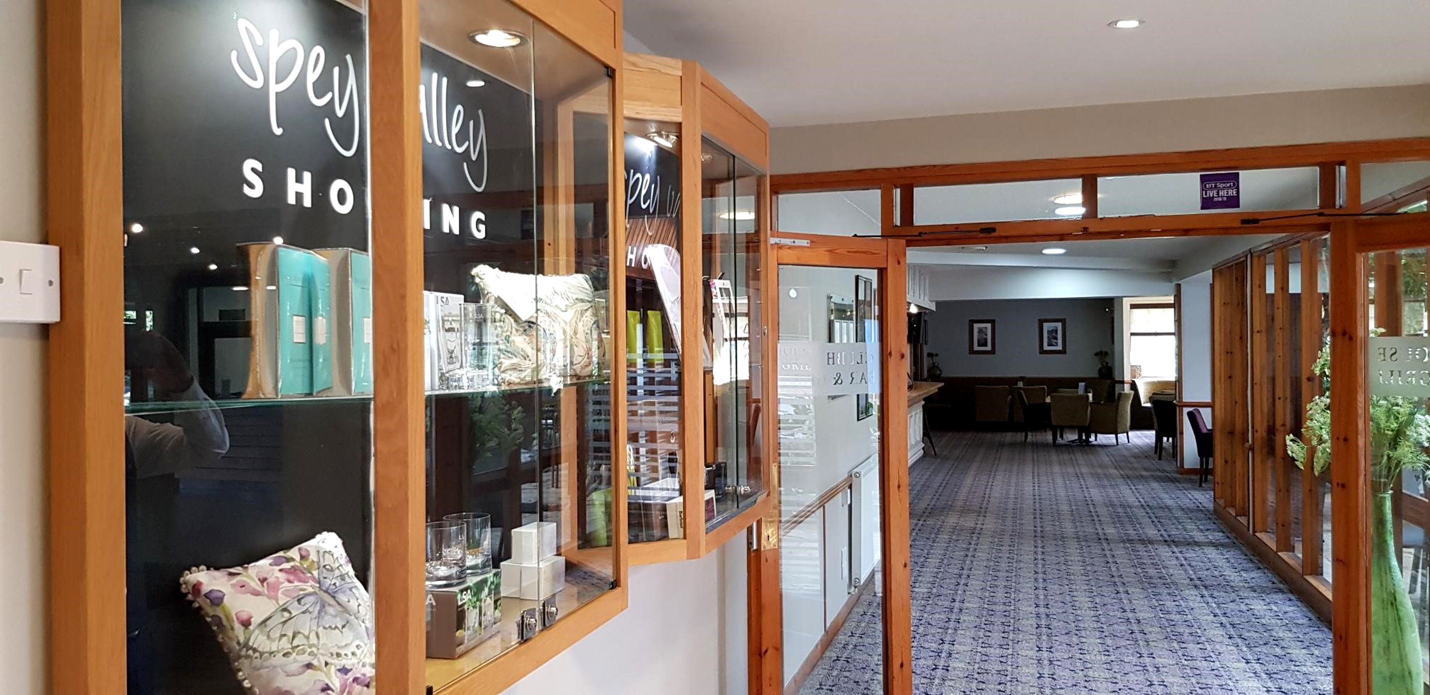 A hallway with a shop on the left displaying various items. There is a sign that reads "Spew Alley SHOWING" and another that says "Live Here". The hallway has wooden beams and carpeted flooring.