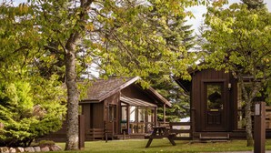 Une cabane en bois dotée d’un porche et d’une table de pique-nique, entourée d’arbres et bordée d’un chemin de gravier.