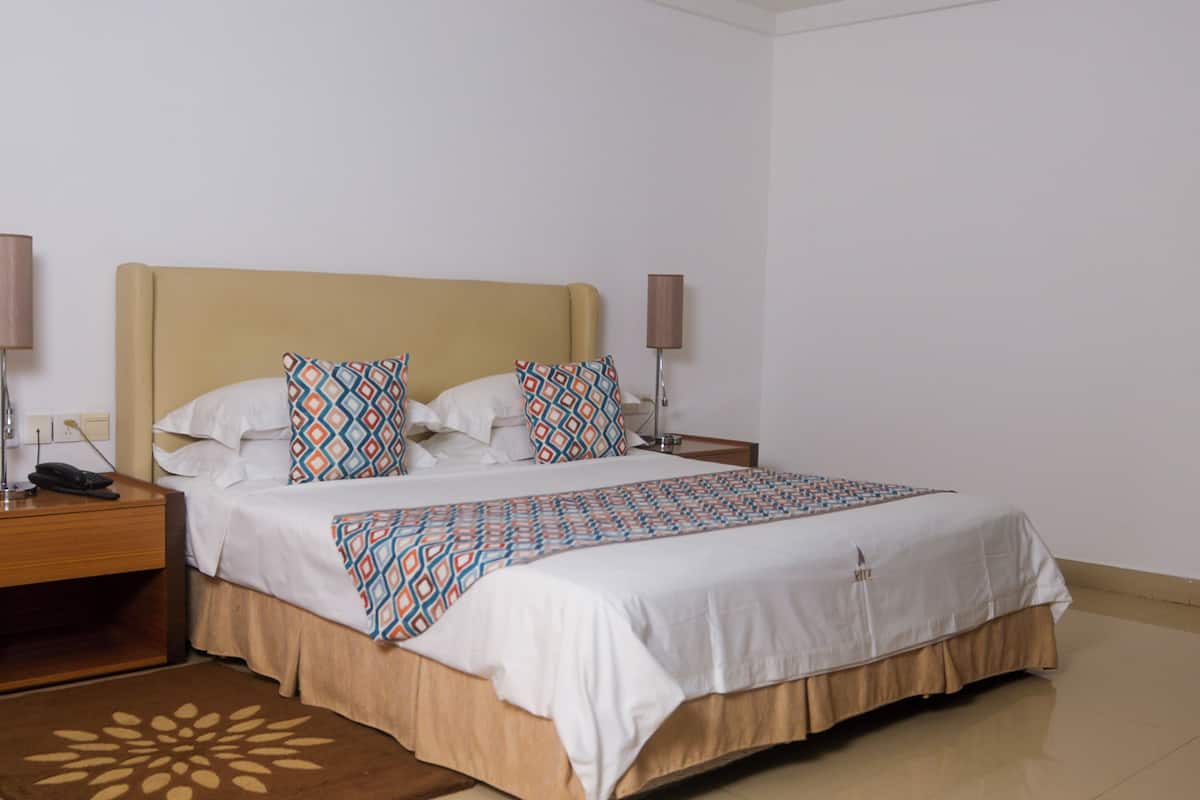 A neatly made bed with patterned pillows, a bedside table with a lamp, and a decorative rug.