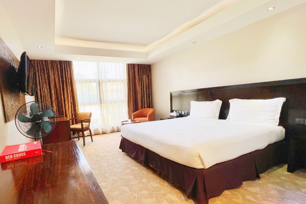 Habitación de hotel con una cama grande, un escritorio con silla, televisor montado en la pared y ventana con cortinas.