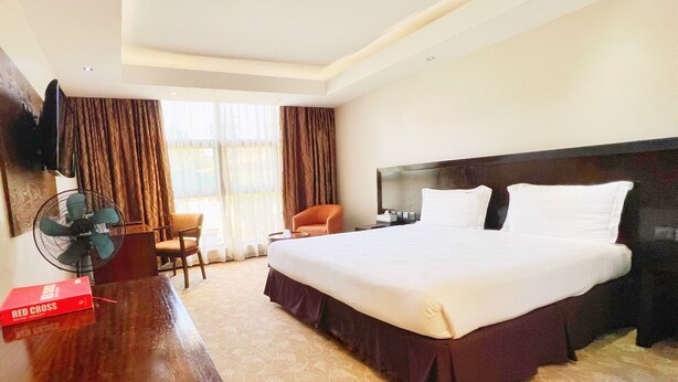 A hotel room with a large bed, a desk with a chair, a TV mounted on the wall, and a window with curtains.