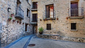 A narrow street with stone buildings, potted plants on balconies, and a manhole cover in the center. - Ligueerre Resort (Abizanda)
