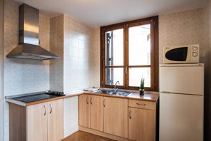 A kitchen with a stove, sink, and microwave. - Ligueerre Resort (Abizanda)