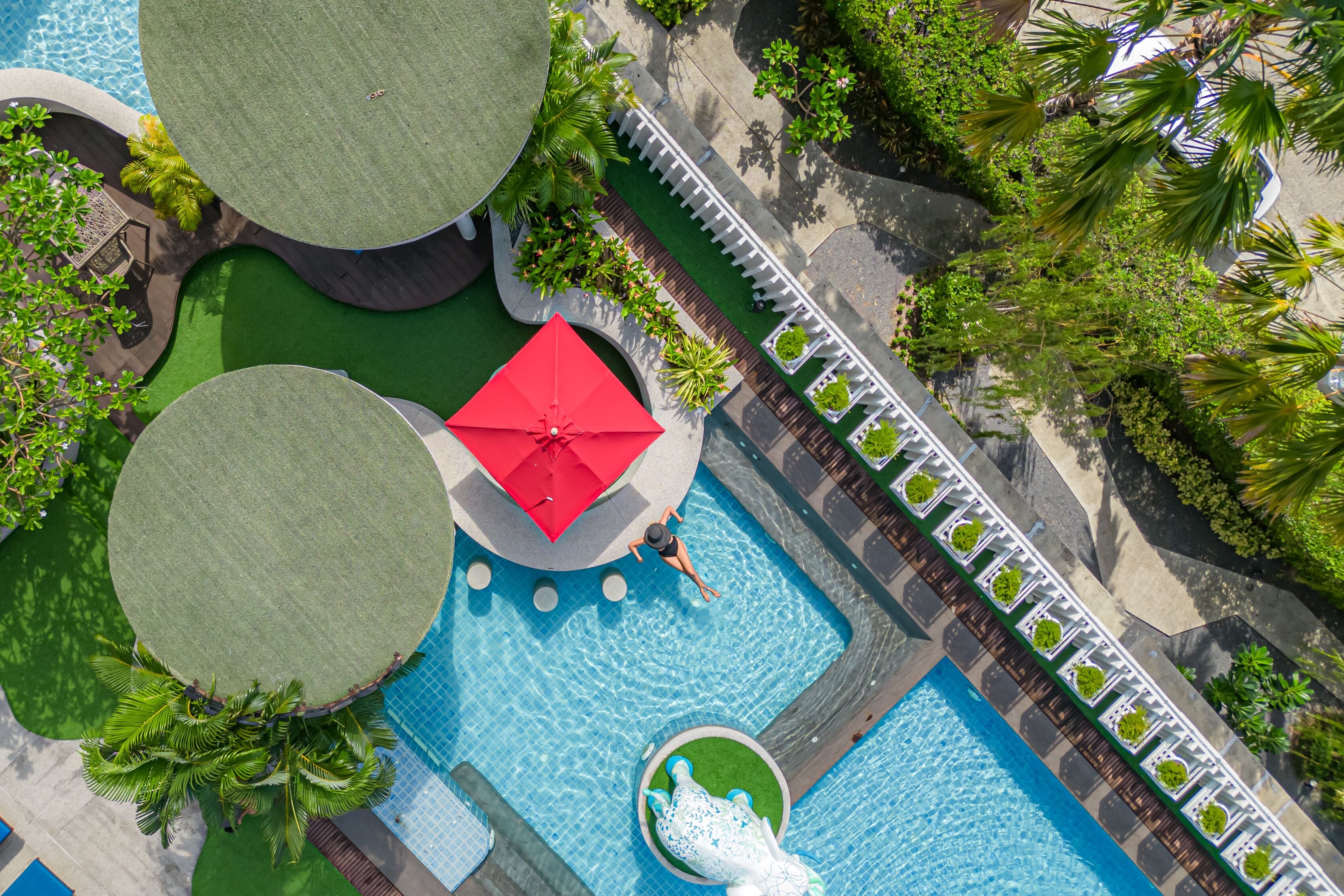 Outdoor pool, pool umbrellas, pool loungers