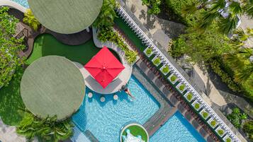 Outdoor pool, pool umbrellas, pool loungers