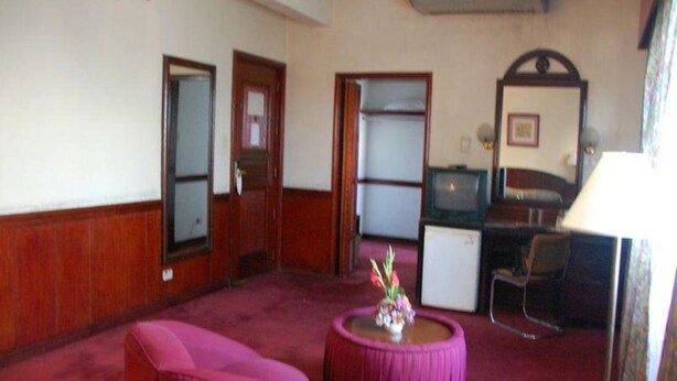 A hotel room with a red carpet, a pink sofa, a small round table with a vase, a television, and a desk with a chair.