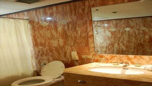 A bathroom with a marble wall, a toilet, and a sink with a mirror above it.