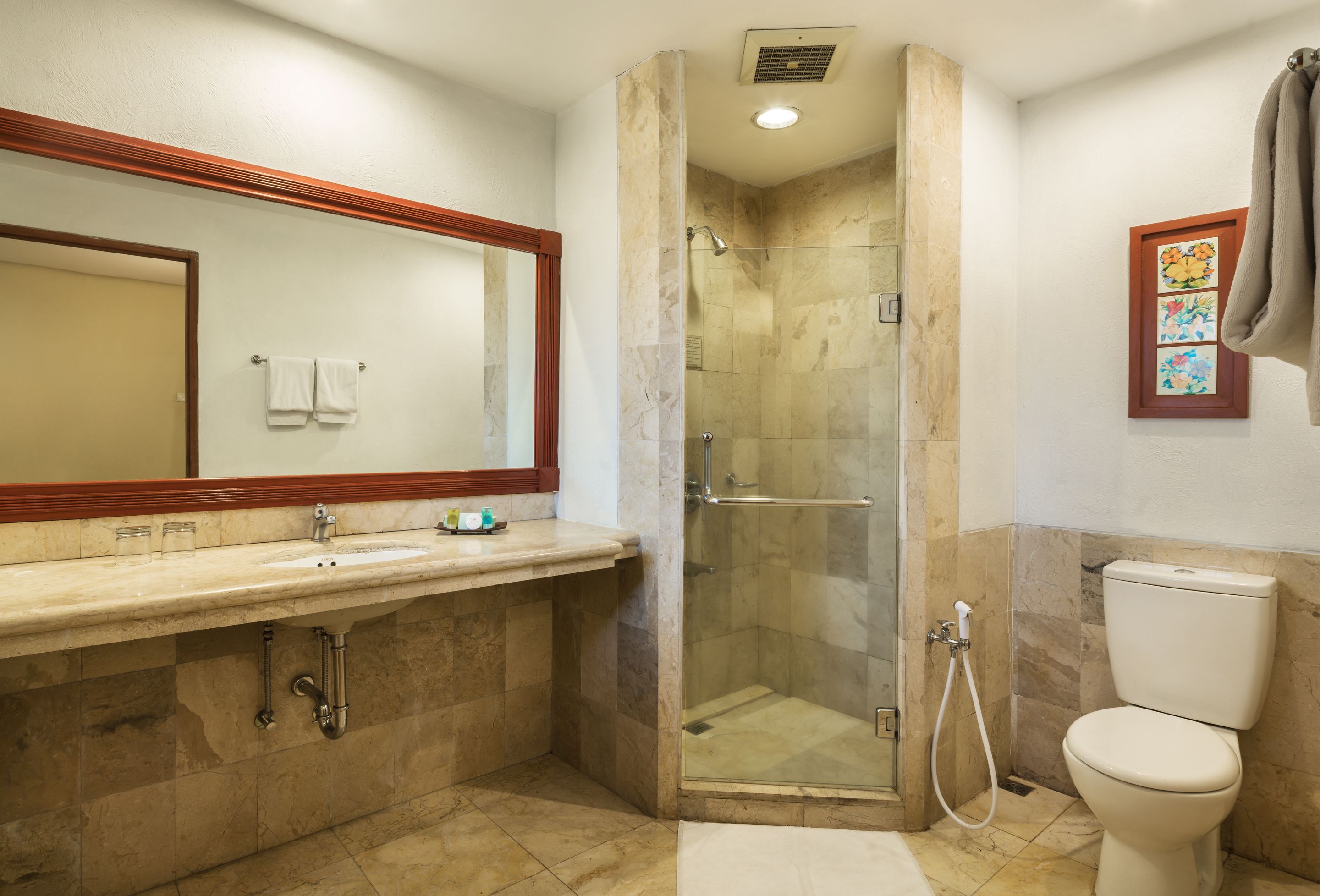 Un baño con ducha, inodoro, lavabo y espejo.