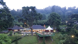 Un restaurant doté d’une terrasse, entouré d’une végétation luxuriante et d’arbres.