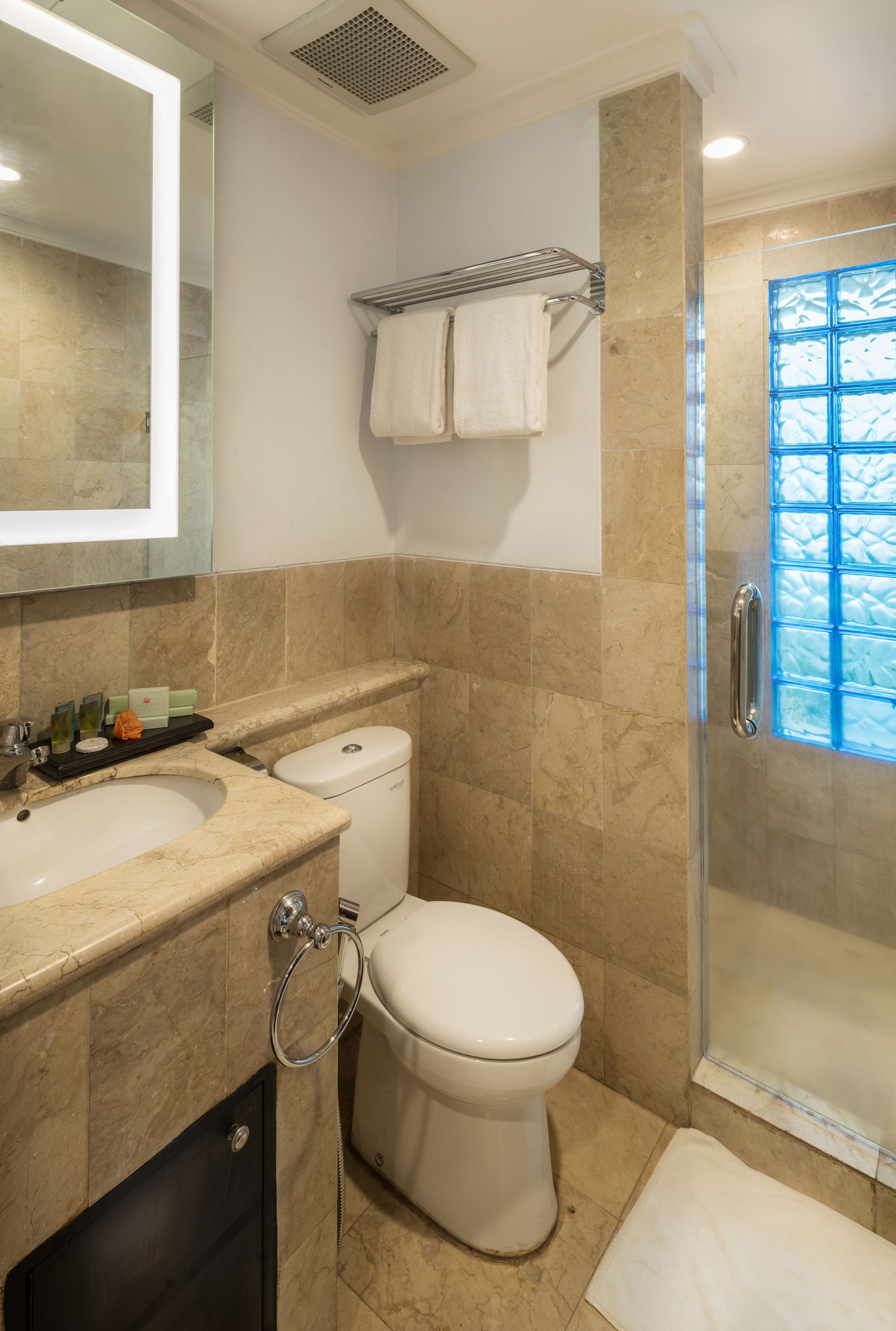Un baño con lavamanos, inodoro y ducha.