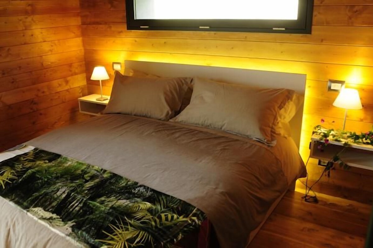 Une pièce aménagée comme un chalet en bois, avec un lit, deux lampes de chevet et un téléviseur fixé au mur.