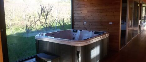 A hot tub in a room with wooden walls and a large window.