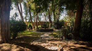 Un chemin de pierre mène à un espace aménagé avec des bancs et une fontaine centrale, le tout entouré d’arbres et de verdure.