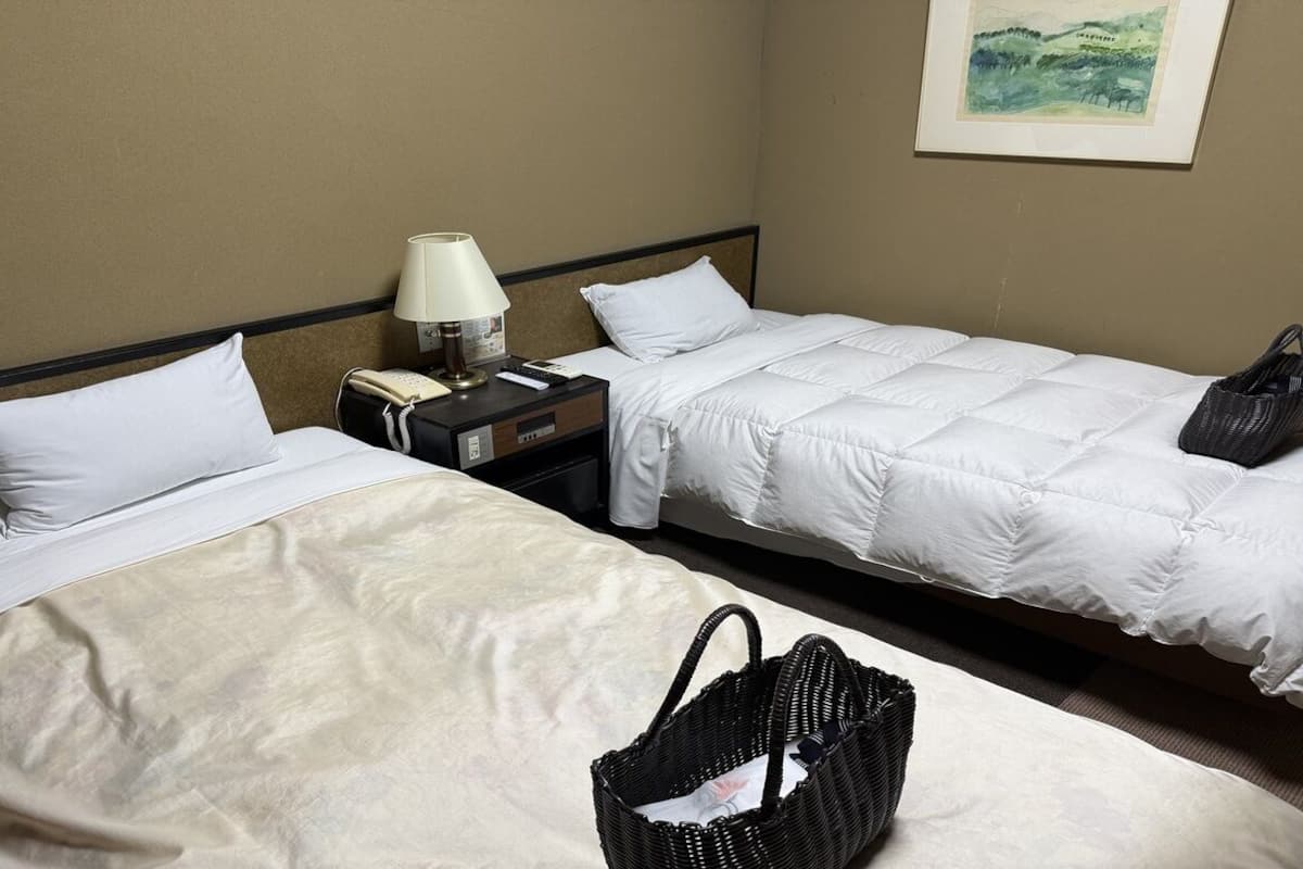 Two single beds with white bedding, a nightstand with a lamp, a telephone, and a black woven bag on the floor.