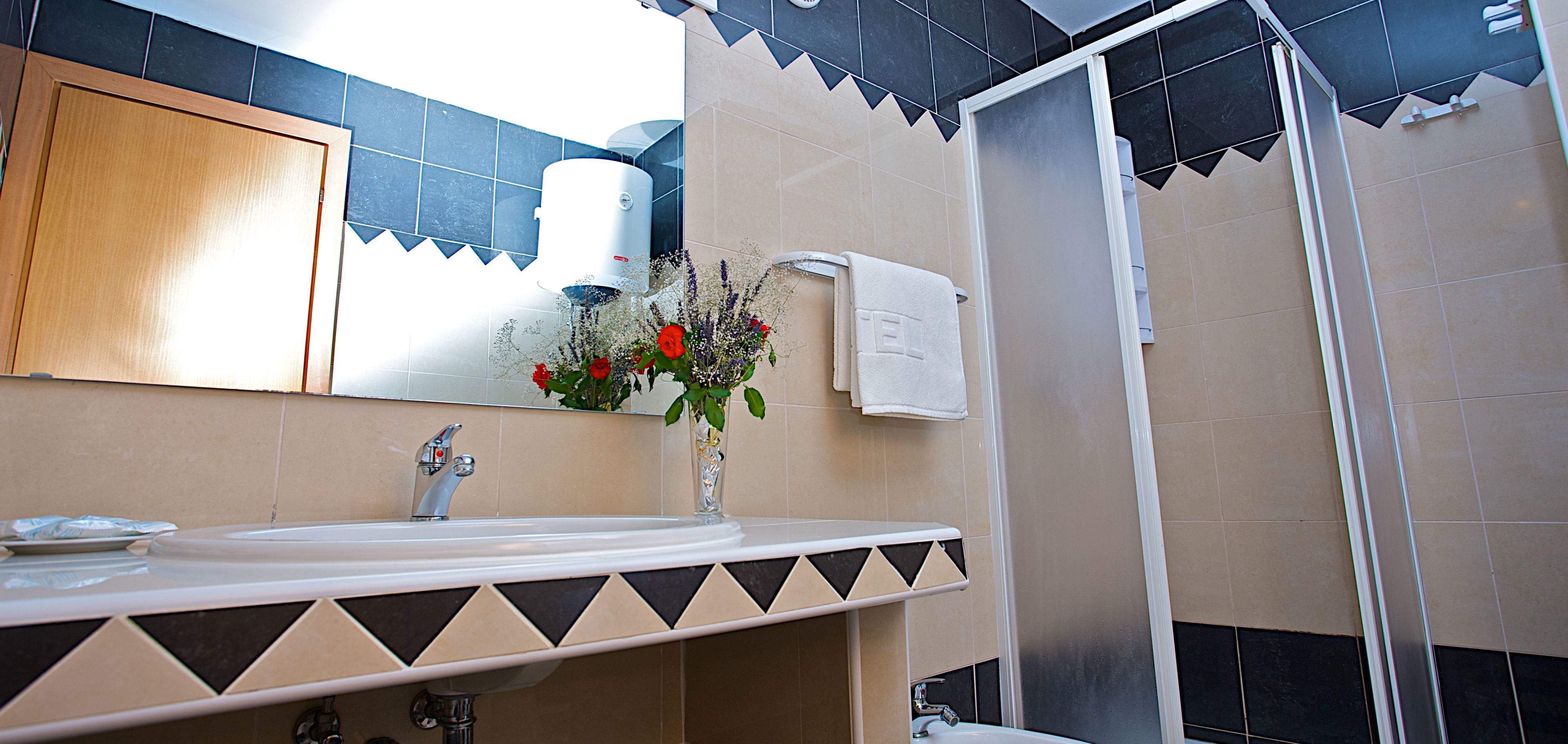Une salle de bain équipée d’un lavabo, d’un miroir, d’un porte-serviettes et d’une douche.