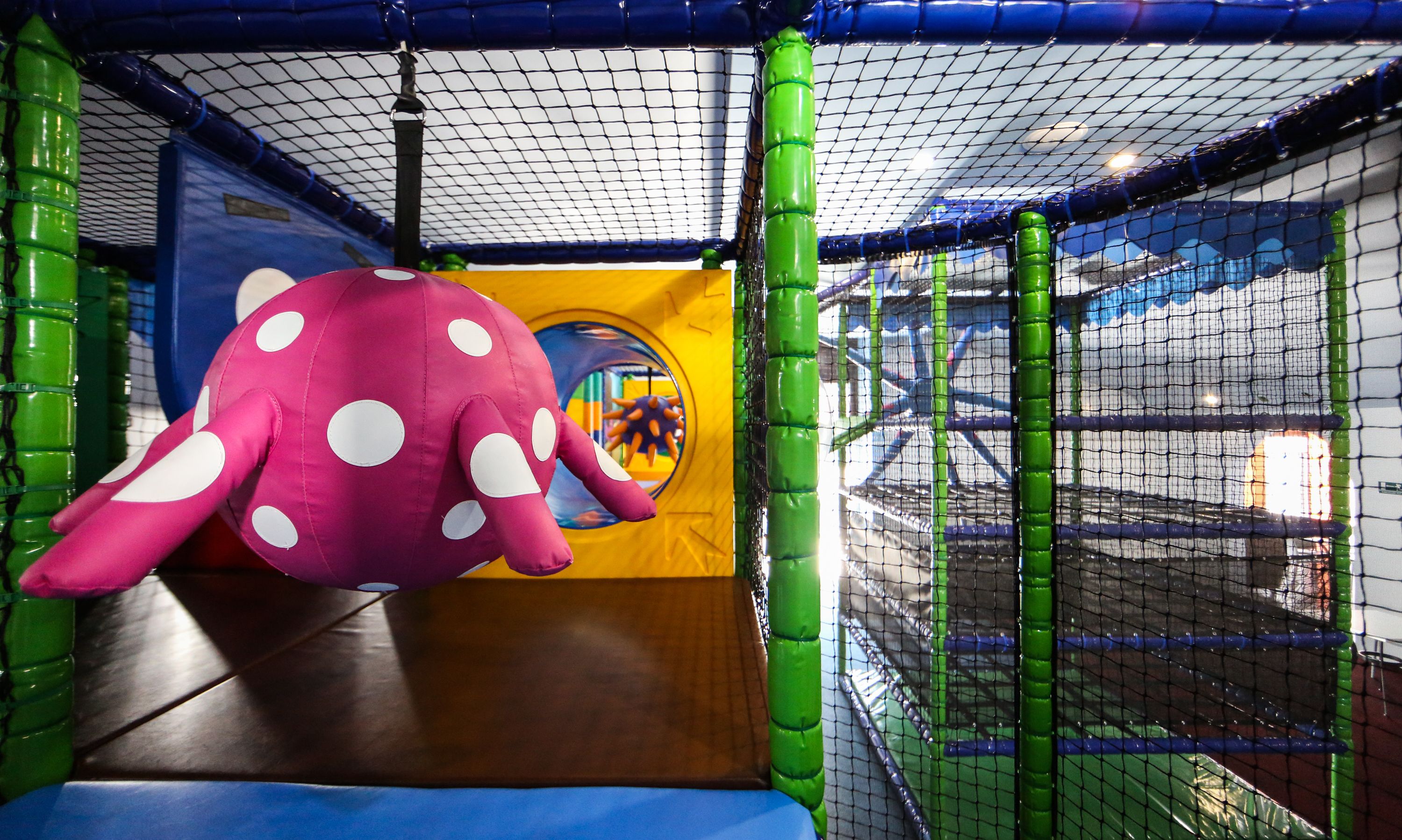 Un espace de jeux avec une enceinte grillagée, un grand poulpe gonflable et une structure de jeux jaune et bleue.