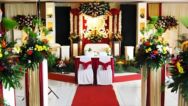 A formal event setup with a red carpet, white chairs, and floral decorations. - Alam Permai (Bandung)