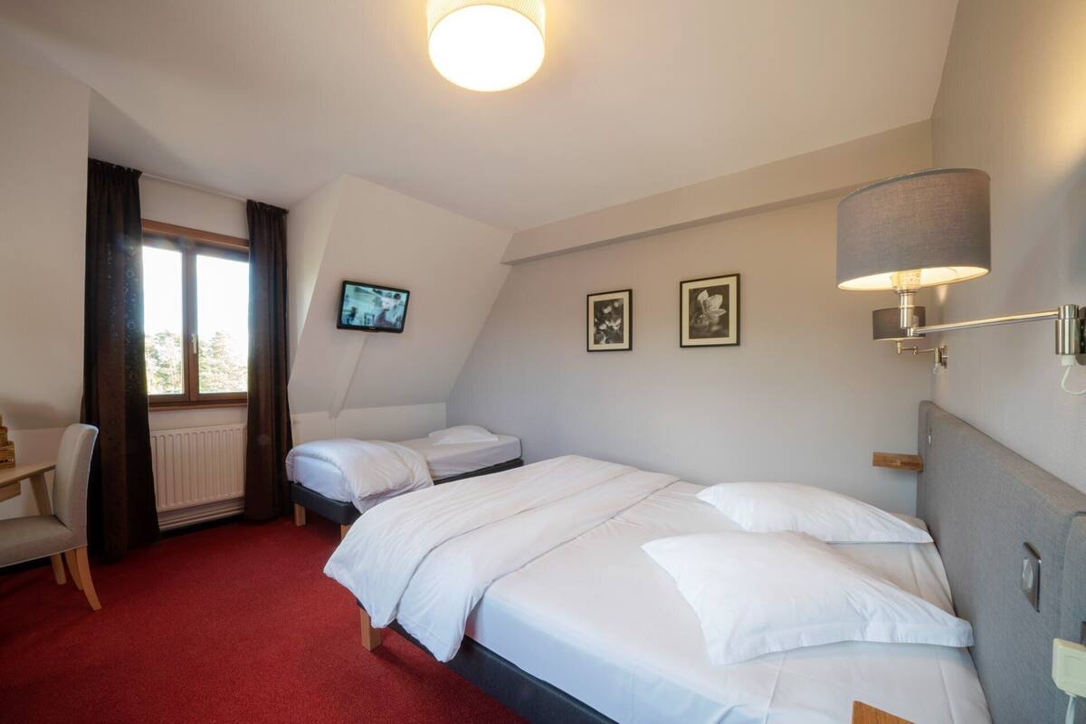 Une chambre d’hôtel avec deux lits, une télévision et une lampe.