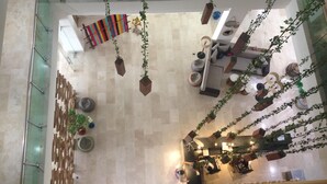 A spacious lobby with hanging plants, a colorful striped rug, and a seating area with a sofa and chairs. - Hotel Unión Plaza Moteria (Monteria)