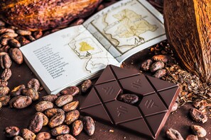 Un libro con un mapa y texto, rodeado de granos de cacao y una barra de chocolate.