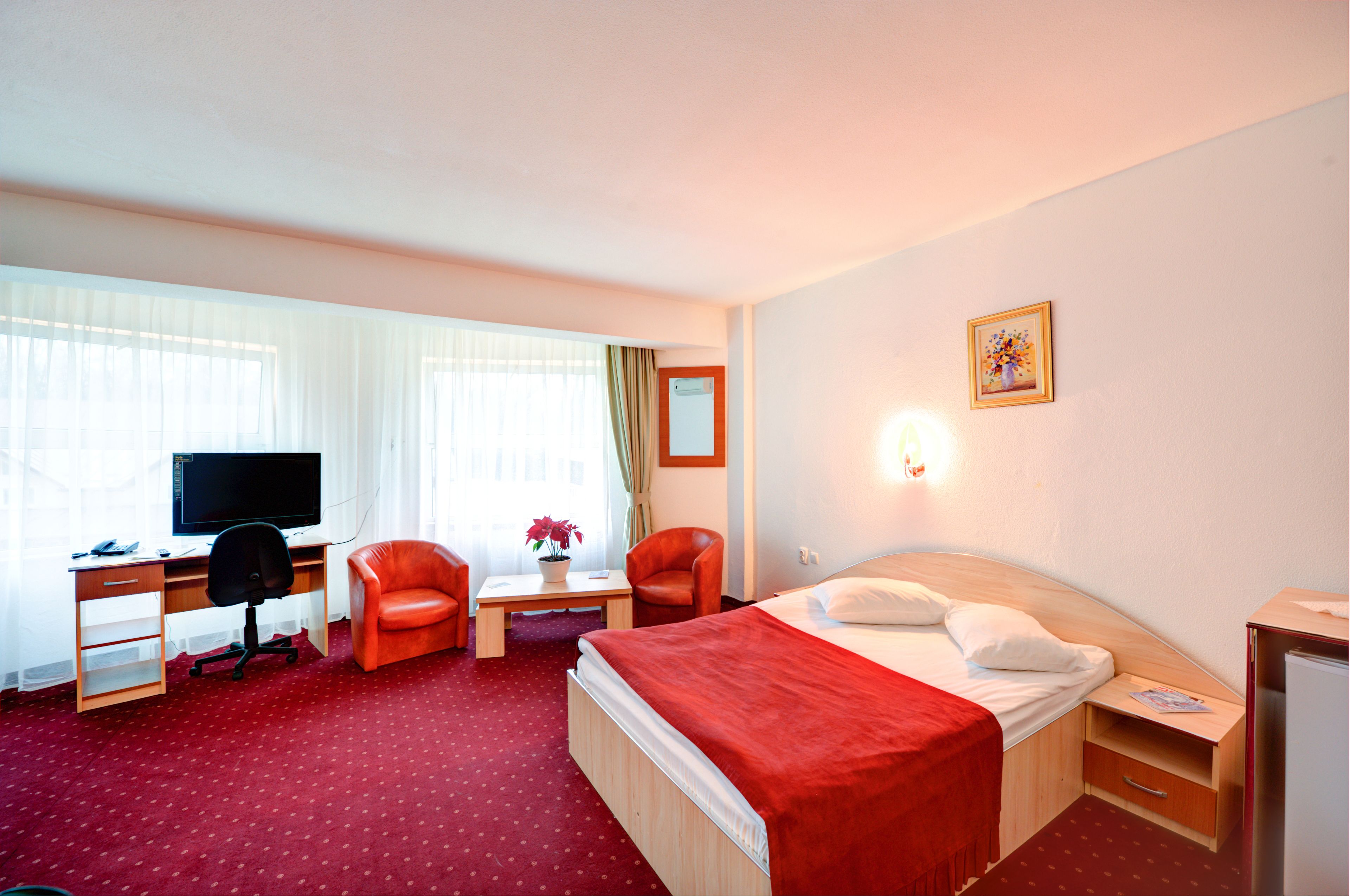 Una habitación de hotel con cama, escritorio, sillas, televisor y ventana con cortinas.
