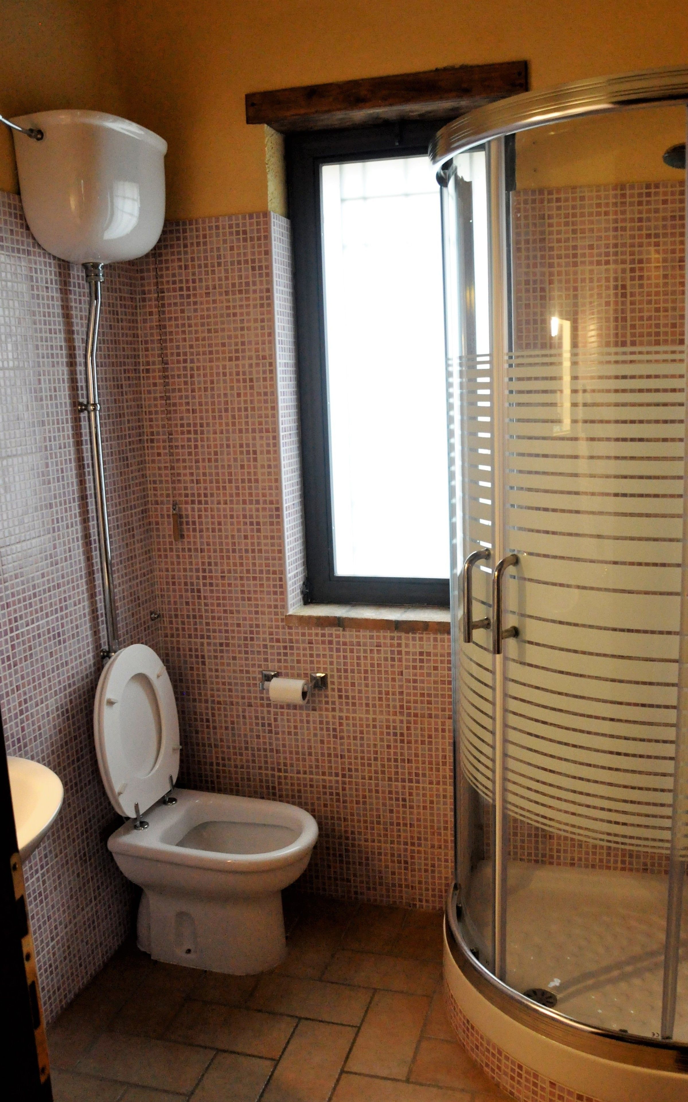 A bathroom with a toilet, a sink, and a shower enclosure.