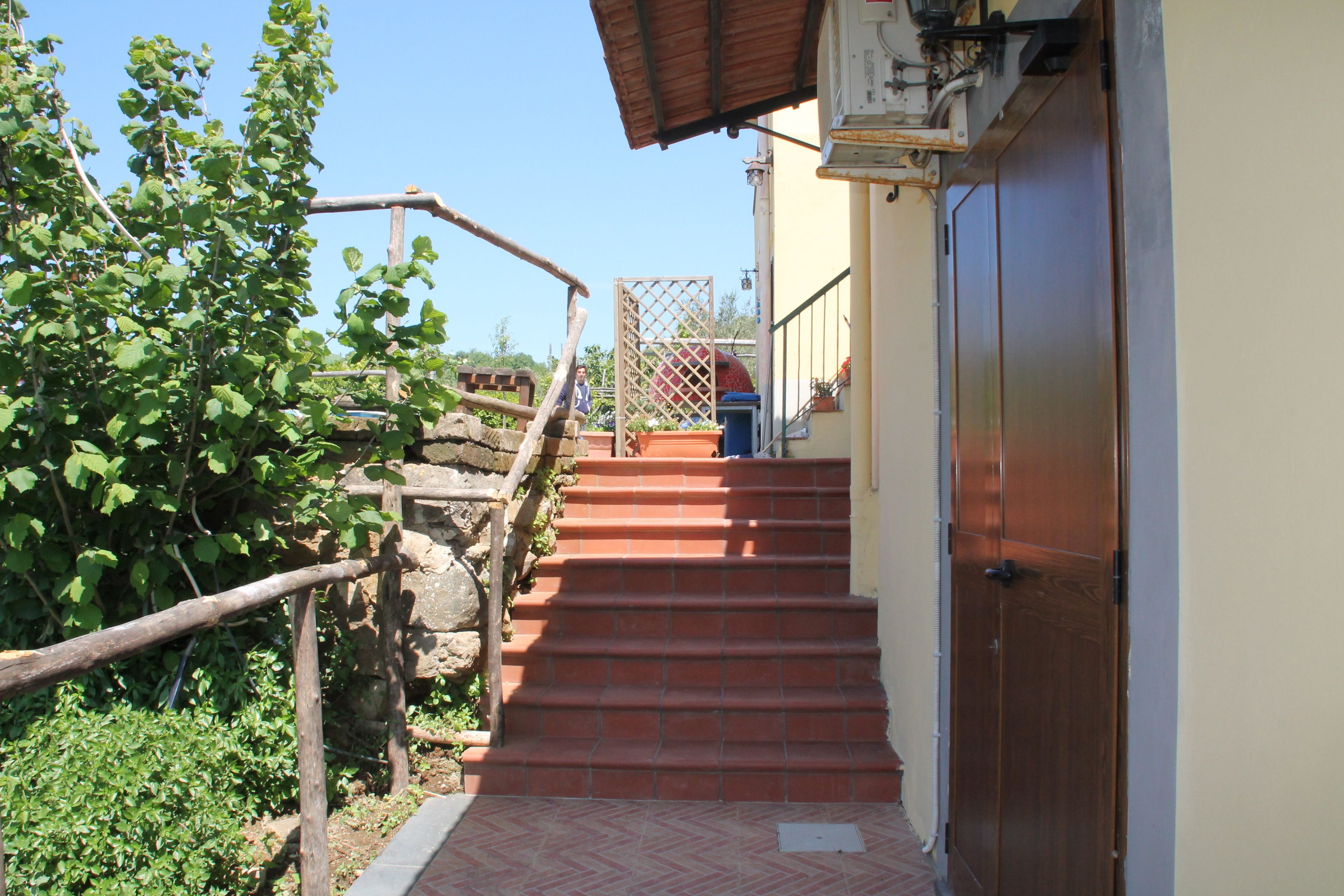 A staircase leading to a wooden door, surrounded by greenery and a stone wall.