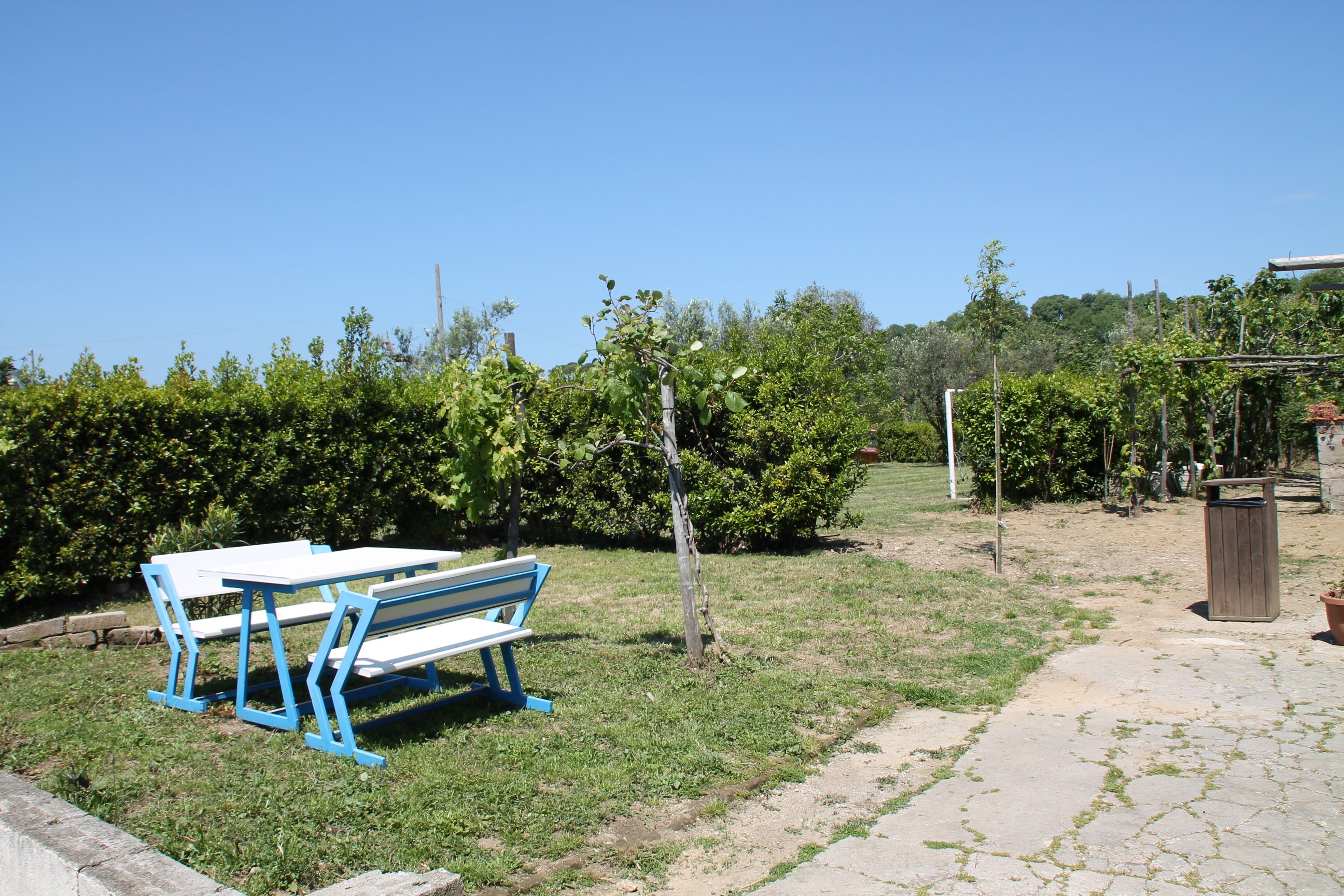 Una mesa de picnic y un banco en un área cubierta de césped, con un camino de piedra y una estructura de madera.
