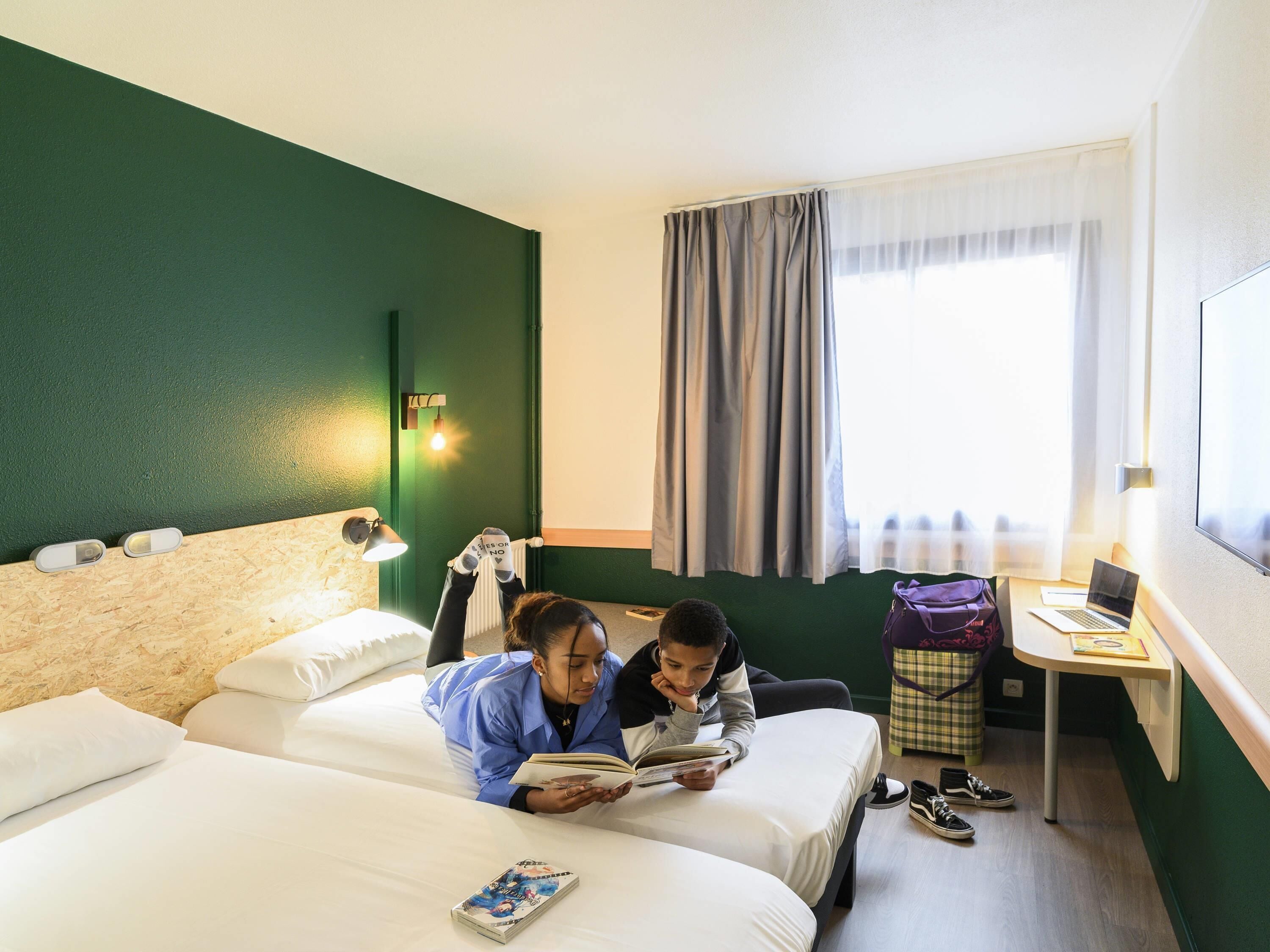 Hypo-allergenic bedding, desk, blackout curtains, soundproofing
