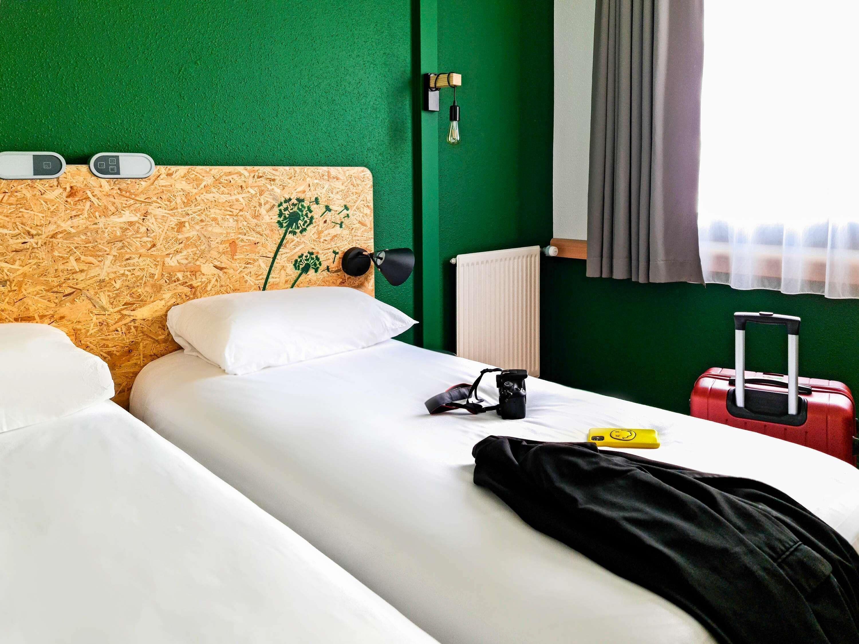 Hypo-allergenic bedding, desk, blackout curtains, soundproofing