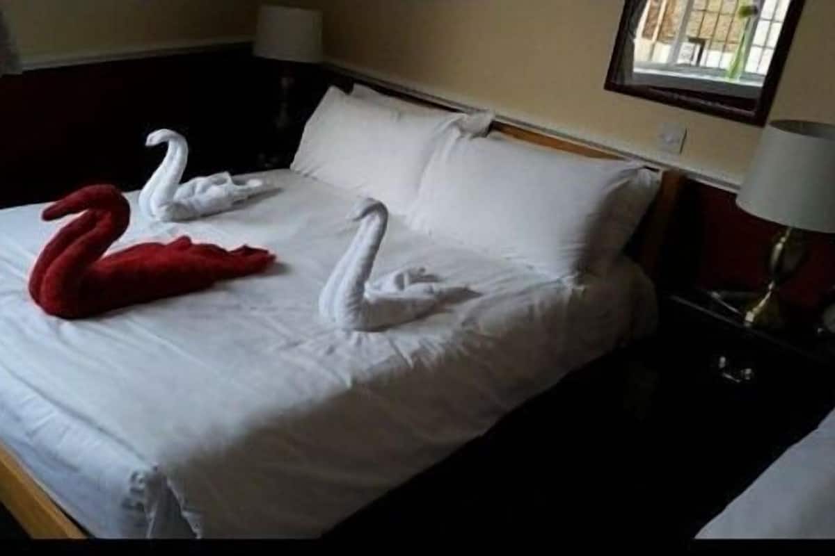 A hotel room with a bed, pillows, and a lamp.
